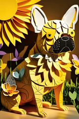 Cute French Bulldog with sun and flower.. 3D Papercut paper art craft color Background. Generative AI.