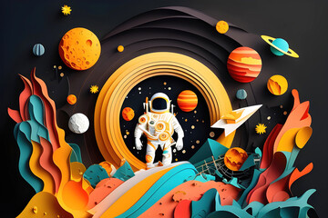Space man and Solar System Planet. 3D Papercut paper art craft color Background. Generative AI.