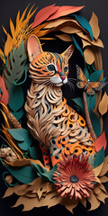 Bengal Cat Background for Smartphone Wallpaper. 3D Papercut paper art craft color Background. Generative AI.