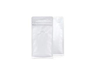 Two foil plastic paper bag packaging with vacuum-sealed, zipper for roasted coffee beans template isolated on a white background. Package mock-up for coffee or dry seeds product..