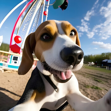 Cute begle dog selfie at fun park. Generative AI.
