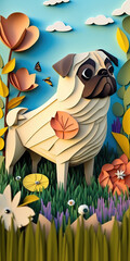 Pug Dog Background for Smartphone Wallpaper. 3D Papercut paper art craft color Background. Generative AI.