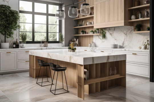 Sleek and stylish kitchen with a marble coffee bar and wooden stools, perfect for morning coffee or entertaining guests. AI Generative.