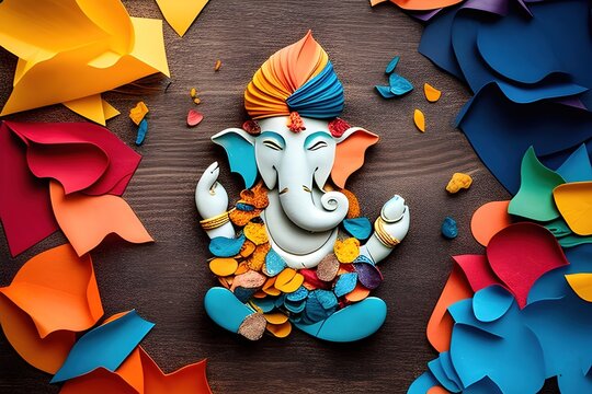 Lord Ganesha 3d papercut craft color Background. Generative AI.