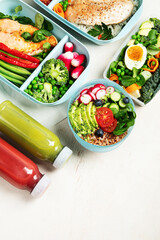 Different types healthy meals in containers, Takeout food menu, top view, copy space