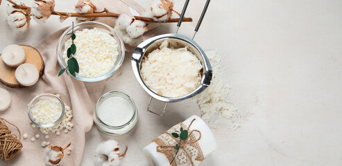 Basic set for home-made natural white eco soy wax candles in glass, wick, perfume. Idea for a hobby, business. Making trendy diy candles without harm to health on white background.