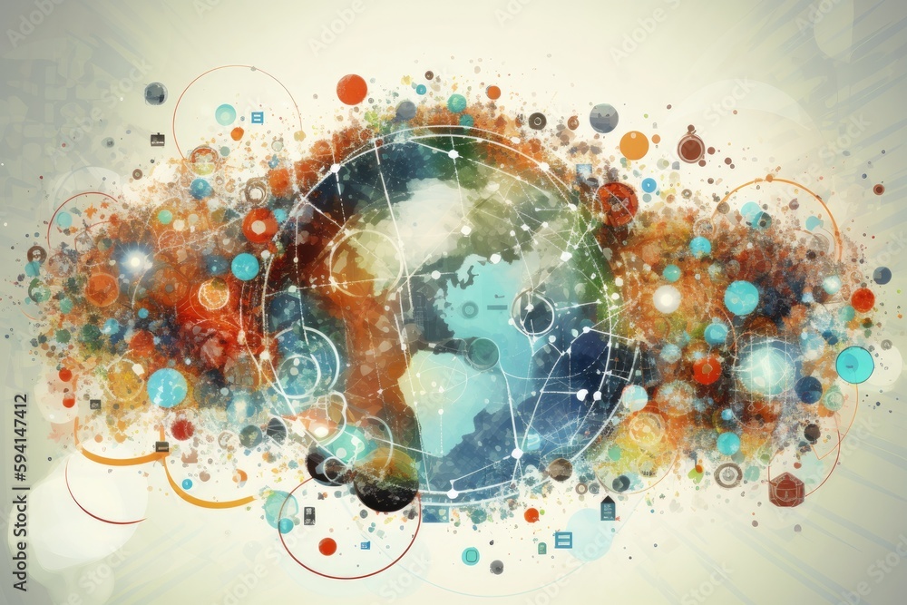 Poster globe surrounded by abstract circles. generative ai