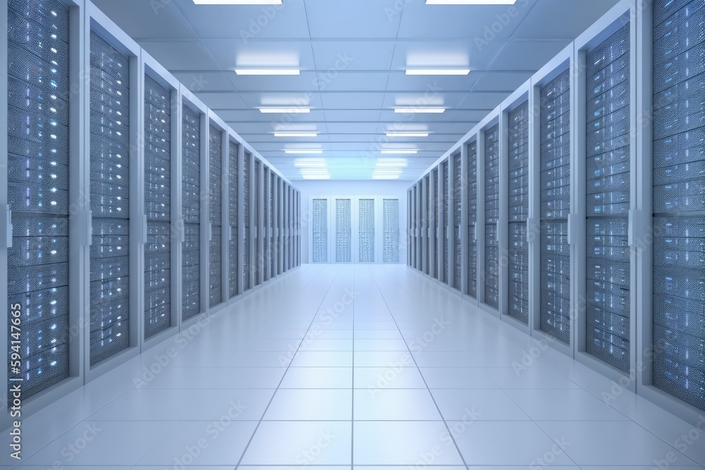 Poster data center with rows of servers in a large room. generative ai