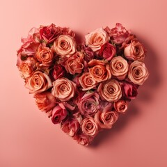 Heart made of beautiful different color roses on a light pink background, Generative AI