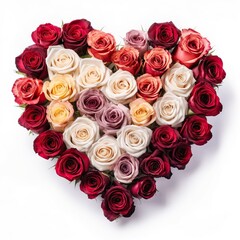 Heart made of beautiful different color roses on a white background, Generative AI