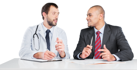 Doctor smiling with male patient isolated on white background