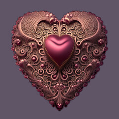 Intricate embroidered pink silken heart button  on pale purple background