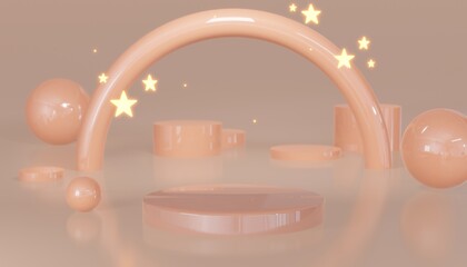 A pink circle with a gold star on it and a light pink background. pink gold double cylinder podium