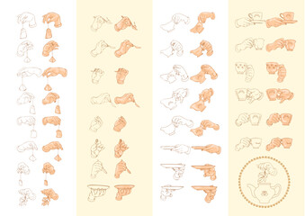 Hands with a teacup, saucer, and spoon. Funny hands. Vector.