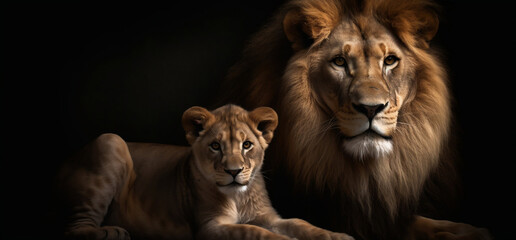 Fototapeta na wymiar Portrait of a male lion and young baby cub on dark background, Generative AI