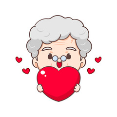 Cute Grandmother cartoon character Holding Love. People Concept design. Flat adorable chibi vector illustration. Isolated white background