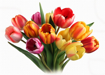 Colorful tulips bunch isolated on transparent background, Generative AI