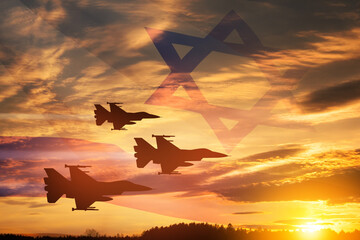 Aircraft silhouettes on background of sunset with a transparent waving Israel flag. Military aircraft.