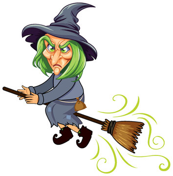 Old witch riding on broomstick cartoon character