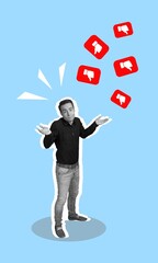 Collage of young crazy businessman with dislike symbol