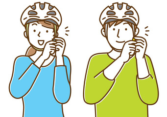 自転車のヘルメットをかぶる男性と女性のイラスト