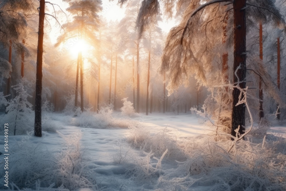 Poster sunlight shining through snowy trees in a forest. generative ai