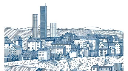 Stylized drawing of vibrant cityscape with buildings, showcasing urban renewal and sustainable mixed-use development. Public infrastructure and landscape planning for urban environment. Generative AI