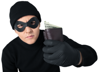 Thief in black wear holding wallet with money on white background