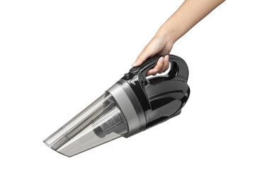 Woman hand using vacuum cleaner on white