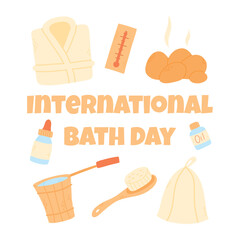 International Bath Day. Vector illustration. Print with bath elements in a flat style.