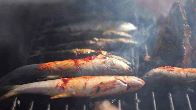 Selective focus of cooking fish. Baking and roasting marinated fish on barbecue grill. Thunnini grilled over charcoal. Summer barbeque hand marinade the fish.