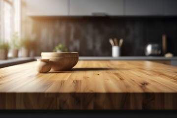 Naklejka na ściany i meble Wood table top on blur kitchen counter (room)background. For montage product display or design key visual, AI generative. Generative AI