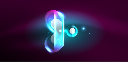 Neon glowing geometric shapes vector abstract background. Round elements, light effects and glass glossy style with color backdrop. Space cosmic or magic energy wallpaper