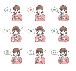 スマートフォンを操作する　若い女性　イラスト　セット