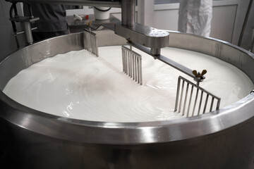 Process of making dairy products in modern dairy factory. Preparing milk for cheese, pasteurization...