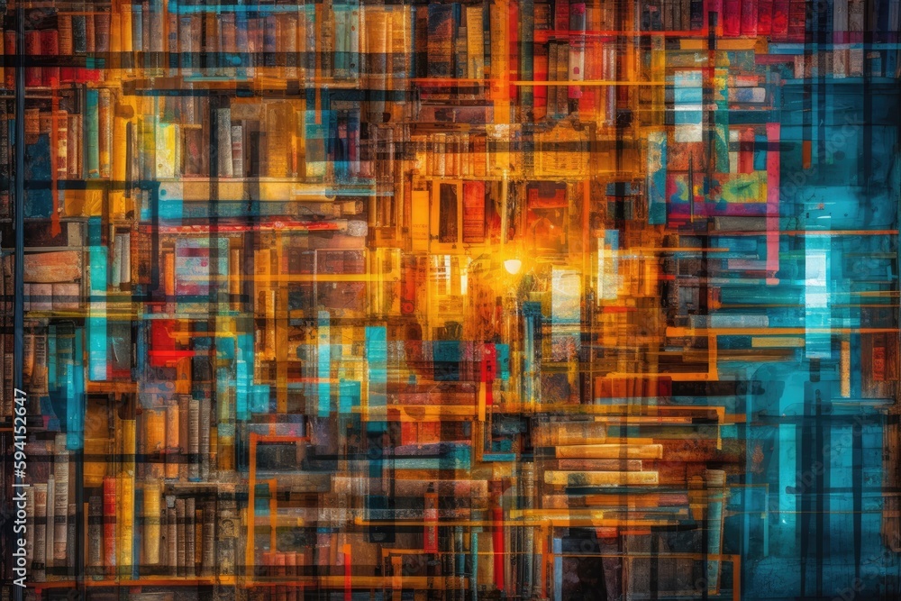 Poster colorful bookshelf filled with books of various sizes and genres. generative ai