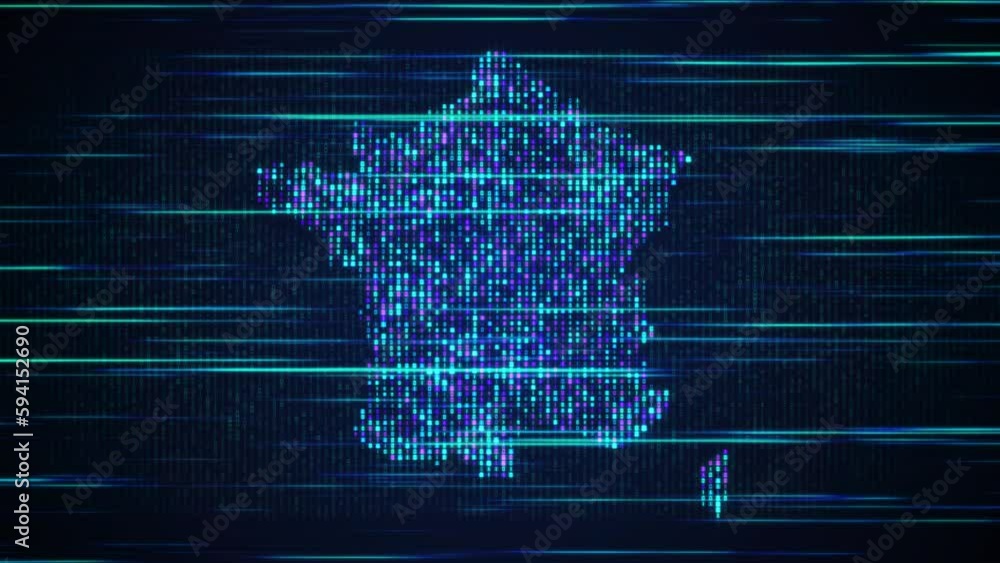 Poster abstract futuristic blue purple shinny binary digital number mosaic grid map of france perspective m