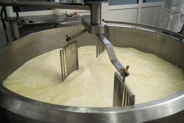mixing the milk in a large stainless steel tanks on cheese production