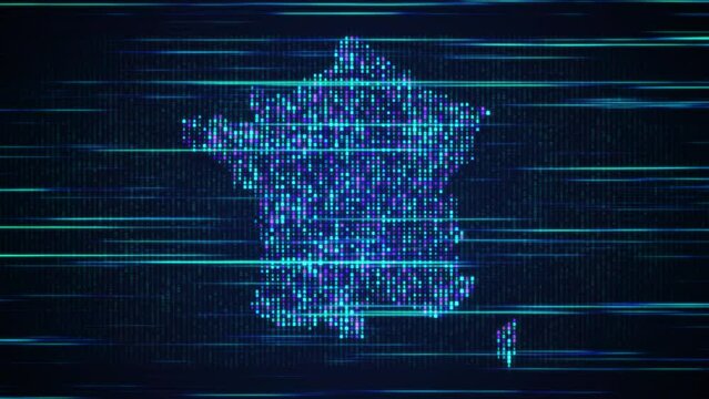 Abstract Futuristic Blue Purple Shinny Binary Digital Number Mosaic Grid Map Of France Perspective Motion View With Horizontal Light Streaks, 5-15 Sec Seamless Loop