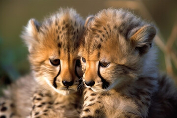 Fototapeta na wymiar Two young Cheetah cubs. Wild african animals. Digital AI art