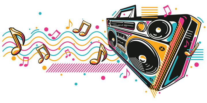 Music design - colorful boom box tape recorder and musical notes