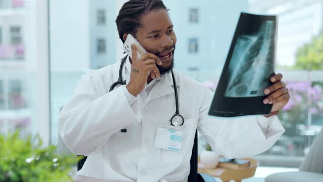 Male doctor, x ray and phone call for consulting with news for lungs, asma and cardiology in clinic. Black man, medic and radiology results for tuberculosis, lung infection and healthcare report