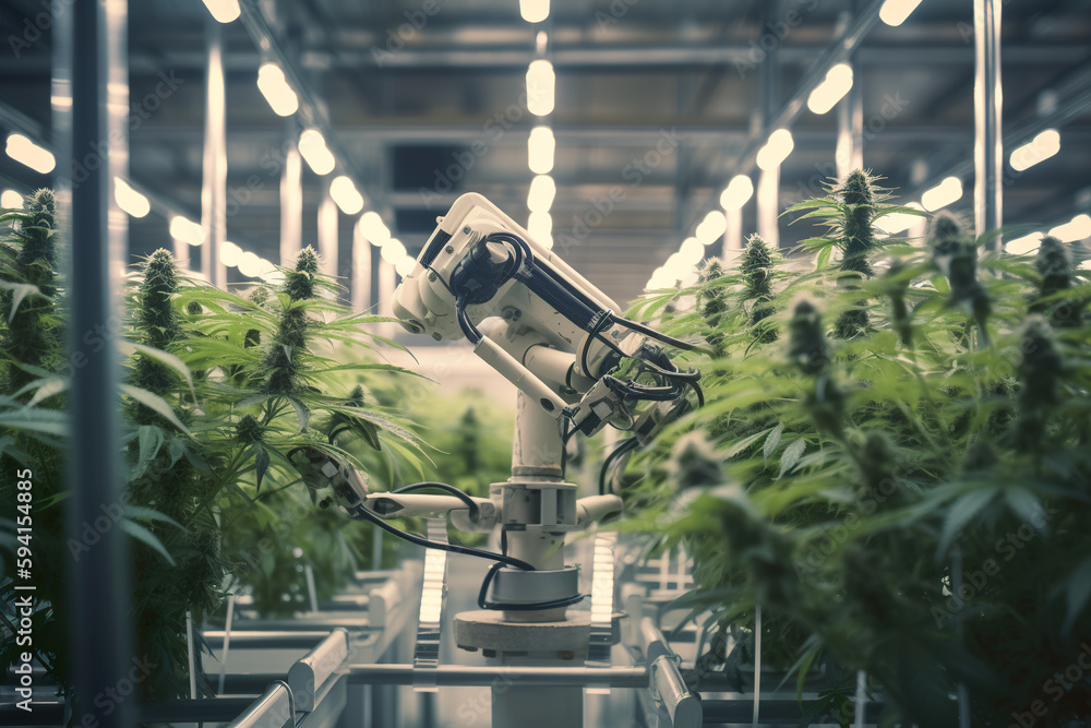 Poster a robot that is standing in front of growing hemp plants. ai generative image