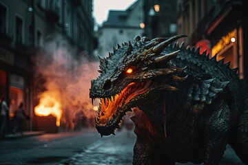Fototapeta na wymiar Dragon in the city. Generative A.i