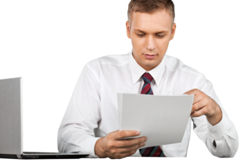 Young handsome business man with laptop isolated on white background