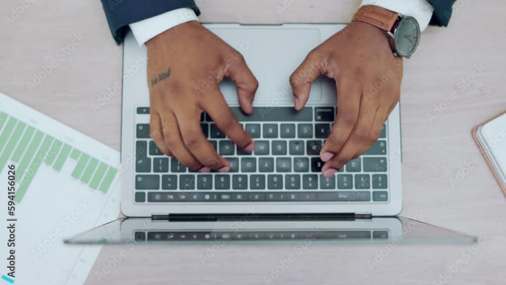 Poster laptop, hands typing and top view in office, writing email or browsing online in workplace. computer