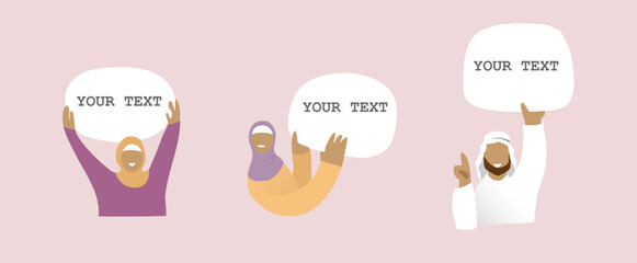 Set muslim people holding a sheet of paper editable, with blank white banner. Concept of notice, contract notify, announce, placard. Flat style modern design vector illustration