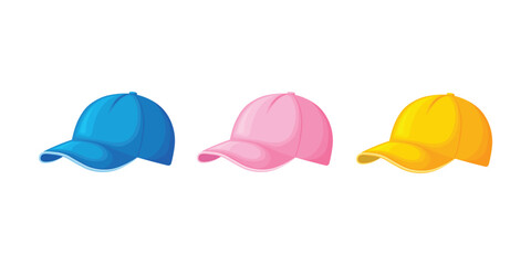 Baseball caps set. Blue yellow and pink beanie. Cartoon-style baseball caps. Headdress. Vector illustration isolated on a white background