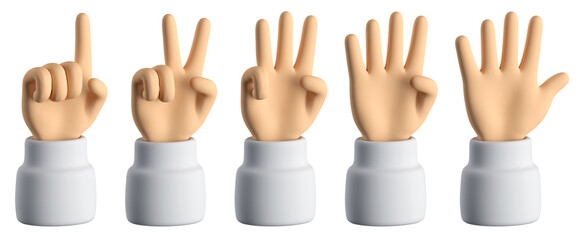 Set of 3D realistic cartoon counting hands. One, two, three, four, five signs isolated on white background, wearing a white sleeve. 3d render illustration