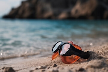 Snorkel divining glasses on the sand beach in front of sea- Generative AI